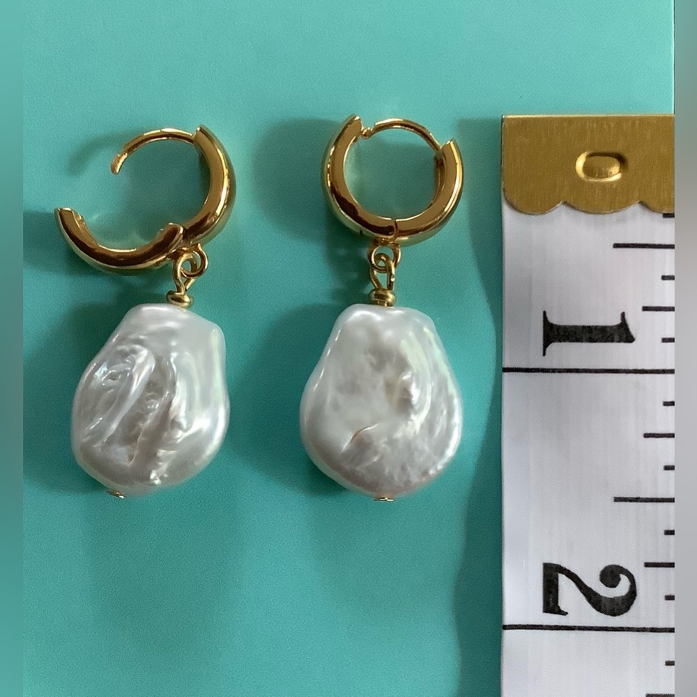 Our Spare Change 18k, gold-plated brass, freshwater pearl earrings. - Picture 3 of 5
